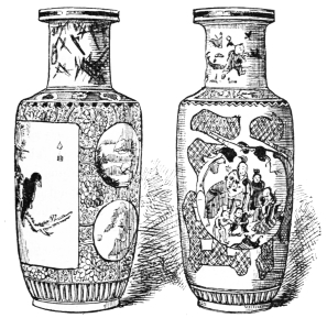 Fig. 94.—Chinese Ming Vases. White Ground. In
medallions, green and brown characters and figures. Darker part red and
white, with green flowers. (Geo. R. Hall Coll., Boston Museum of Fine
Arts.)