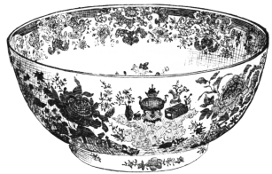 Fig. 99.—Chinese Bowl. Rich Decoration, chiefly Yellow
and Rose. Height, 11 in.; circumference, 5 ft. 8 in. (Mrs. John V. L.
Pruyn Coll.)