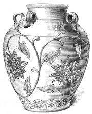 Fig. 107.—Old Corean Earthen-ware Five-handled Jar.
Yellow on Green. (A. A. Vautine & Co.)
