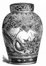 Fig. 138.—Japanese Vase. White, Red, Rose, and Green.
Blossoms on Left; White Enamel Raised. Height, 6½ in. (Robert H. Pruyn
Coll.)