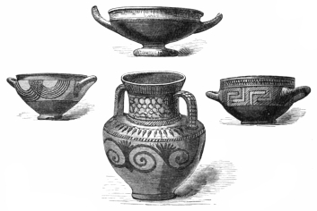 Fig. 159.—Greek Vase and Cups, found at Dali. Cesnola
Coll., (N. Y. Metropolitan Museum.)
