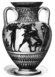 Fig. 186.—Bacchic Amphora. Black on Red Ground. Height,
15 in. (Appleton Coll., Boston Museum of Fine Arts.)