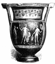 Fig. 189.—Greek Amphora, with Columnar Handles. Red on
Black. From Canosa. Height, 20 in. (Appleton Coll., Boston Museum of
Fine Arts.)