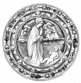Fig. 204.—Holy Family. Medallion by Luca della Robbia.
(Hôtel Cluny, Paris)