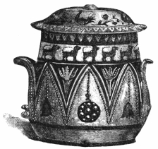 Fig. 319.—Posset-pot. Staffordshire. Fifteenth century.
(Bateman Coll.)