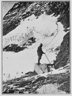The Bergschrund, open when the accident to Mr. Sloggett’s
party took place, was above the ice cliff below which the man is
standing.

To face p. 8.