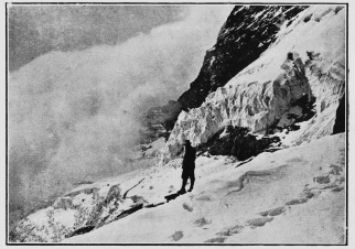 The cliff of ice over which Mr. Sloggett’s party must
have precipitated if they had not been dashed into the Bergschrund.