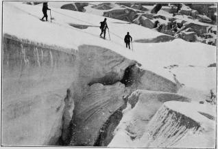 A snow bridge over a crevasse.