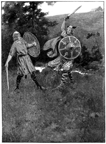 Grani holding his sword and shield