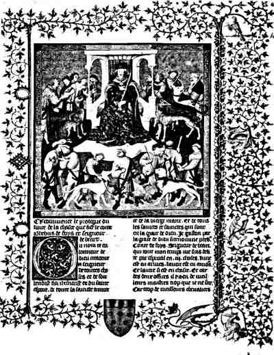 GASTON PH&OElig;BUS SURROUNDED BY HUNTSMEN AND HOUNDS