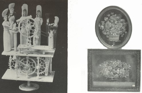 Plate XVI, Fig. 1.—Mechanical Bone Work Group of Moving
Figures on Platform and Pedestal.  Figs. 2 and 3.—Groups of
Flowers in Paper Work (Peterborough Museum)