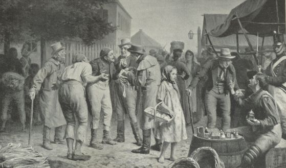 Plate XVII.—Plait Merchants trading with the French
Prisoners of War at Norman Cross, Hunts.  Photogravure of
painting by A. C. Cooke, Esq., and reproduced here by the kind
permission of the artist