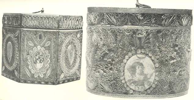 Plate VIII, Fig. 1.—Wooden Tea-caddy richly decorated with
“Paper Mosaic,” the Work of the Prisoners of War at
the Falmouth Depot.  The Specimen is in the Collection of Miss
Lilley Paull, of Truro.  Fig. 2.  Tea-caddy similarly decorated
in the possession of the Countess of Lindsey, Uffington Park (v.
p. 133)