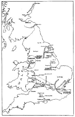 [Names of Middle English texts placed on a map of England
and Wales.]