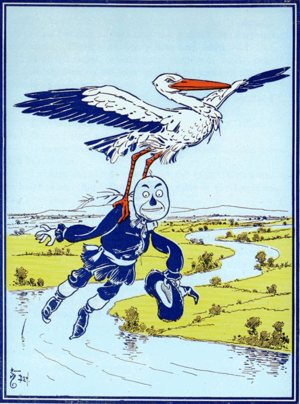 The Stork carried him up into the air.