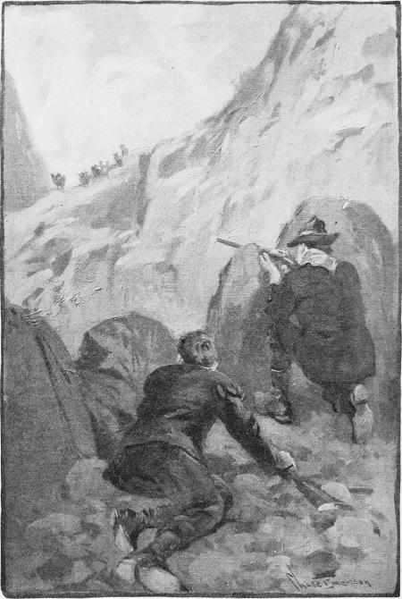 DICK PUSHED HIS RIFLE-BARREL THROUGH A CREVICE IN THE ROCKS