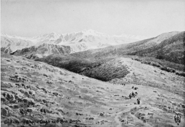 THE MOUNTAINS OF TKHUMA AND JILU.

From the top of the “Staircase” pass immediately above Amadia. The
mountain in the centre is Ghara Dagh on the southern side of Tkhuma. To
the left is Galiashin, the dominant peak of Jilu; and Sat Dagh further
off upon the right. The crags in the middle distance rise up out of the
Zab Gorge.

No. 8