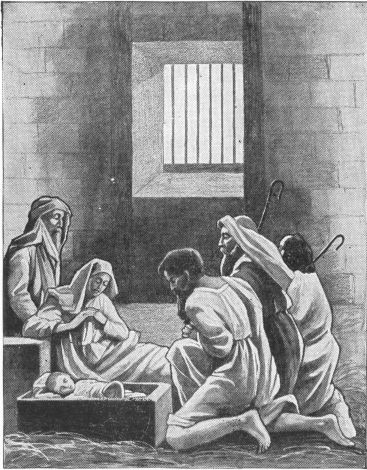 Shepherds visiting Jesus in stone building with bars on the window