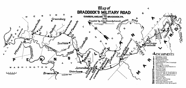 Map of
BRADDOCK’S MILITARY ROAD
FROM
CUMBERLAND, MD. TO BRADDOCK, PA.
1755.
Compiled by John Kennedy Lacock 1912.