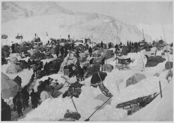 Summit of the Chilkoot Pass, with Impedimenta of Prospectors, April, 1898.