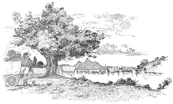 Wagons wait as other catch up and cross the ford