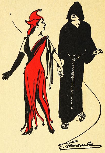 Man in monks cowl being led by woman in long red jester's dress