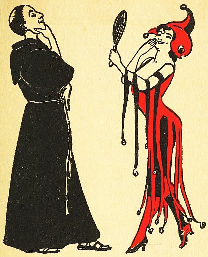 female jester holding mirror up to monk