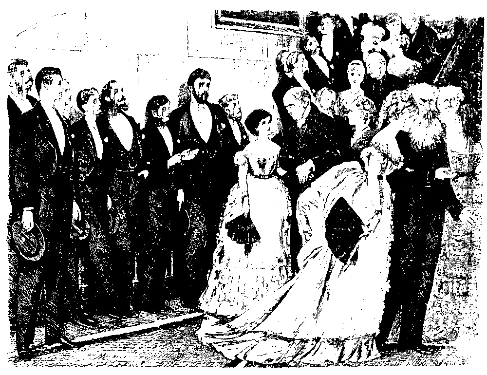Lady discussing a gathering of men