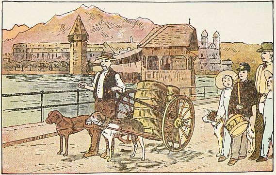 looking a a milk cart pulled by dogs