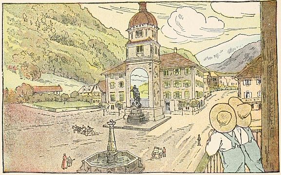 boys standing on balcony looking at monument