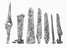 No. 45. Copper Implements and Weapons from the Trojan
stratum (8 M.). a, Axe of an unusual form; b, c, Battle-Axes of
the common form; d, e, g, Knives; f, a Nail.
