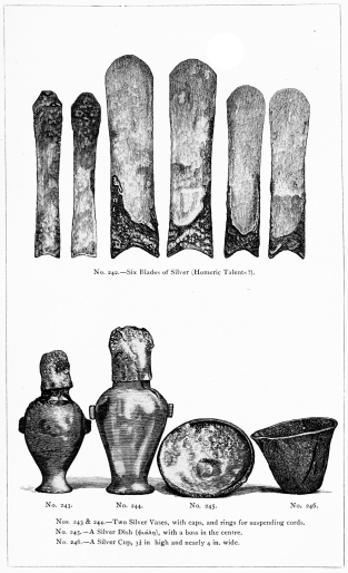 No. 242.—Six Blades of Silver (Homeric Talents?).

Nos. 243 & 244.—Two Silver Vases, with caps, and rings for suspending
cords.

No. 245.—A Silver Dish (φιάλη), with a boss in the centre.

No. 246.—A Silver Cup, 3-1/3 in. high and nearly 4 in. wide.

THE TREASURE OF PRIAM.

Page 328.

