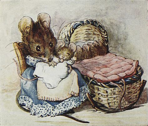 Hunca Munca wearing the dress nad hold ing a baby mouse by the cradle