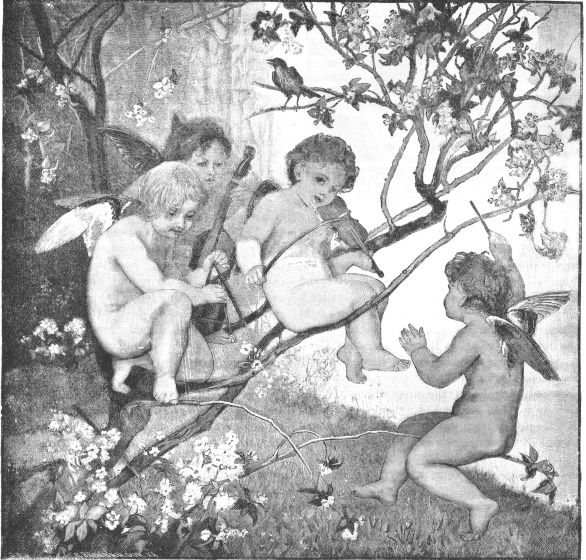 cherubs sitting in tree playing instruments