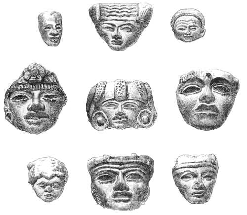 TERRA-COTTA MASKS AND HEADS FOUND AT TEOTIHUACAN.