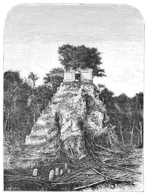 TEMPLE AND STELA OF TIKAL (FROM ALFRED MAUDSLAY).