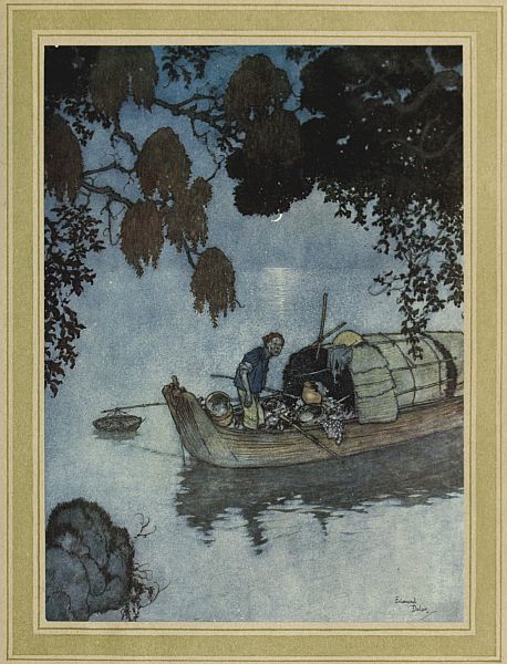 fisherman in boat in moonlight