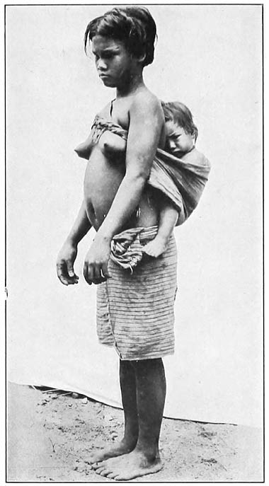 2. Ifugao mother and babe—showing the manner in which Búgan carried Balitúk. (Photograph by Martin, Kián͠gan, 1904.)