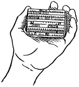 Holding type in the hand for distributing