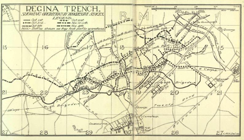 Map--REGINA TRENCH. SHOWING OPERATIONS BY PROGRESSIVE STAGES.