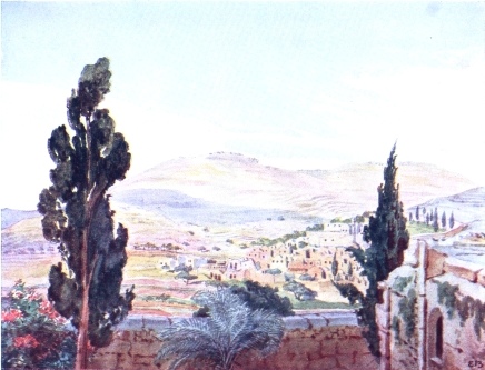 “AIN KAREEM,” REPUTED BIRTHPLACE OF JOHN THE BAPTIST,
FROM ROOF OF CONVENT OF THE VISITATION

Church built over supposed site of Zacharias’ and Elizabeth’s house to
right of town, high up, where St. John was born. Roof of chapel built
over site of their country house, where Mary visited her cousin, in
foreground.