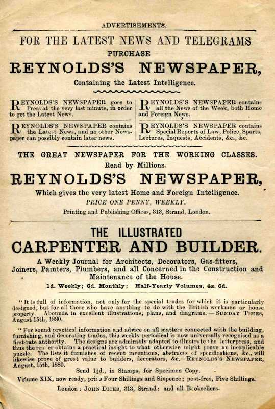 Advertisement for “Reynolds’s Newspaper” and “The
Illustrated Carpenter and Builder”