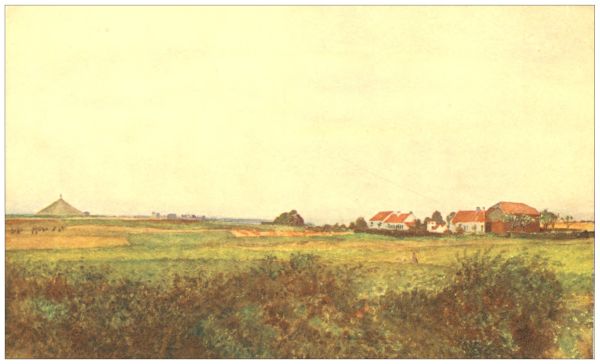 WATERLOO&mdash;The farm of
La Belle Alliance and the mound surmounted by the Belgian lion.