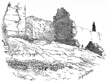 The Valley of the Lycus, showing where the last Emperor
fell.

One more look upon the ruined curtain through which the built-up arch
gave ingress to retreating Greeks and Ottoman assailants on that 29th of
May, there in the angle caused by the wall and its southern flanking
tower you may faintly see the remains of a postern-gate. There fell
Constantine, the last of the Emperors of the East.