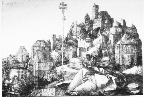 ST. ANTHONY, FROM THE ENGRAVING BY ALBERT DURER.
BACKGROUND OF NUREMBERG SCENERY