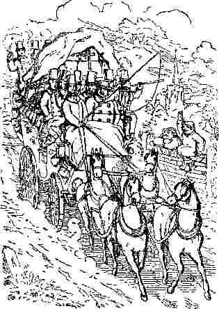 ***Image: The coach races along a country lane past a gate and bystanders***