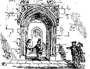 ***Image: Mr. Charles Larkyns pointing out a fictitious 'postmaster' at Merton College***
