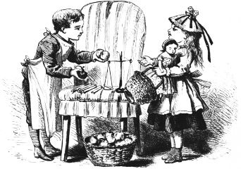 Children playing stor using chair as counter