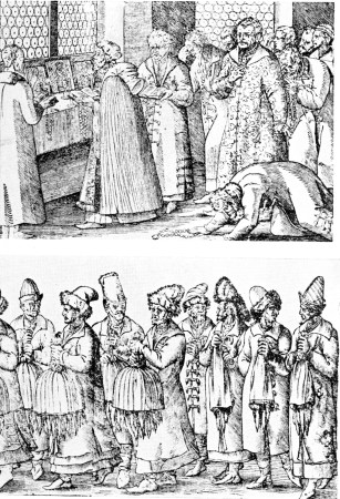 A CHURCH SERVICE, PROCESSION OF BOYARDS
From 16th century contemporary prints, attributed to Jost Amman.
