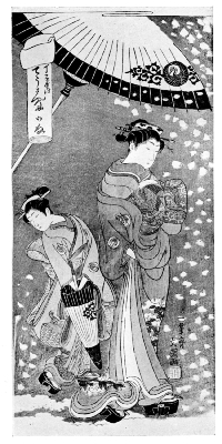 BUNCHO: COURTESAN AND HER ATTENDANT IN SNOWSTORM.